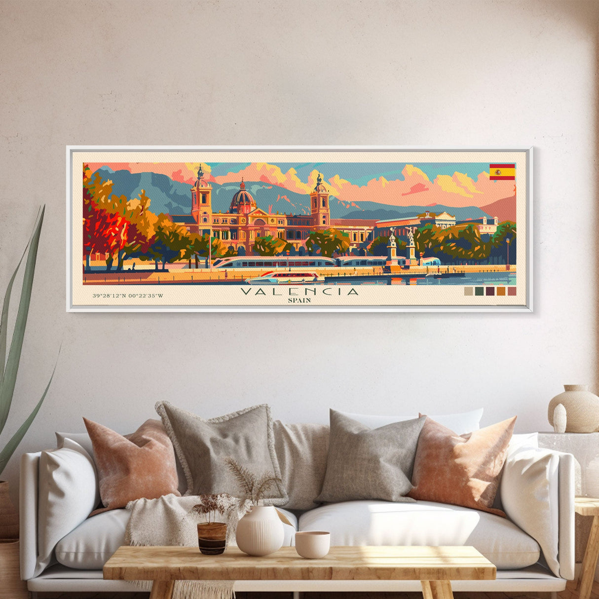 Valencia Spain Travel Art, City Art, Framed Canvas Print or Metal Wall Art, Europe Travel Poster, Panoramic Wall Art, Extra Wide Wall Art