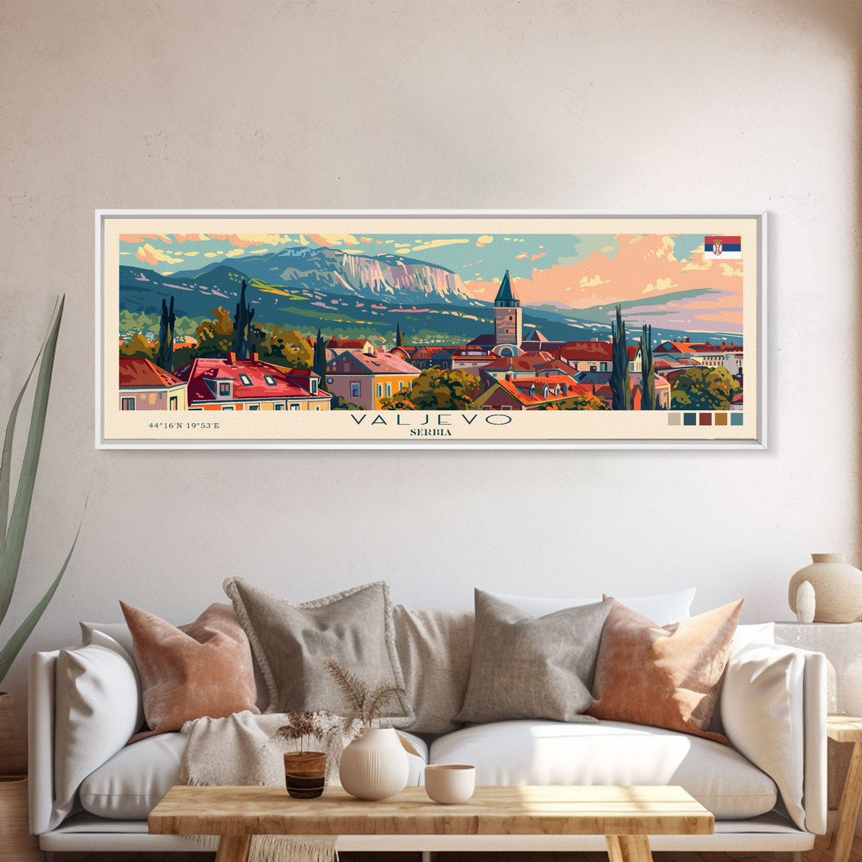 Valjevo Serbia Panoramic Travel Poster, Framed Canvas Print or Metal Wall Art, Travel Art, Home Decor, Panoramic Painting, Midcentury Art