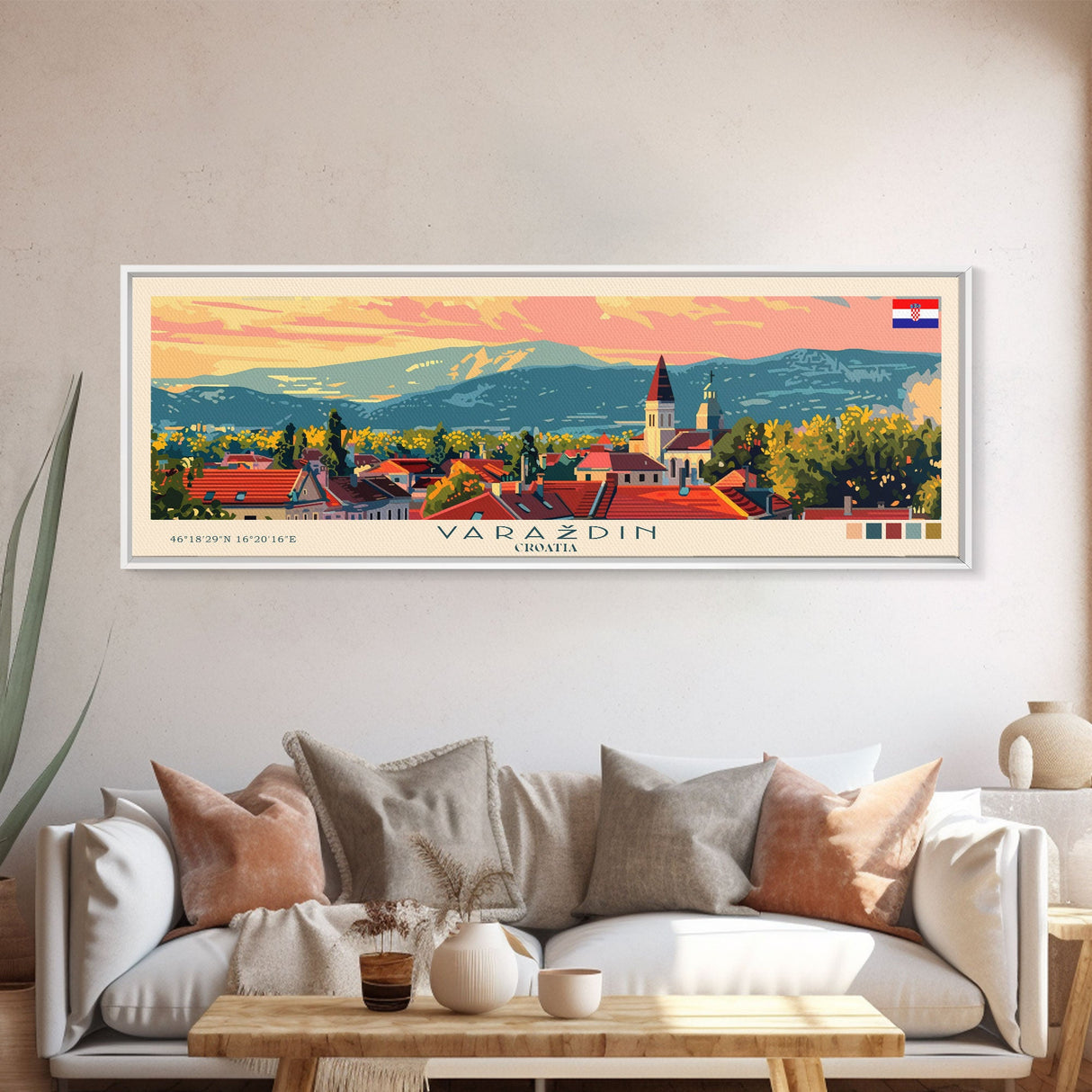 Varaždin Croatia Panoramic Travel Poster, Framed Canvas Print or Metal Wall Art, Travel Art, Home Decor, Panoramic Painting, Midcentury Art