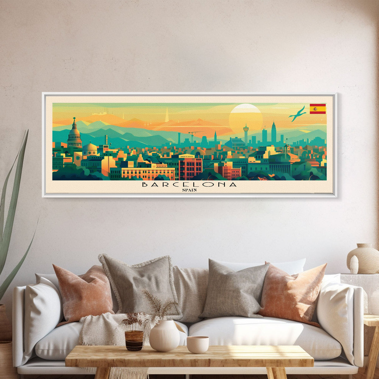 Barcelona Spain Travel Print Wall Art, Panoramic City Art, Travel Art, Wall Decor, Vacation Gift, Framed Canvas Print Or Metal Art