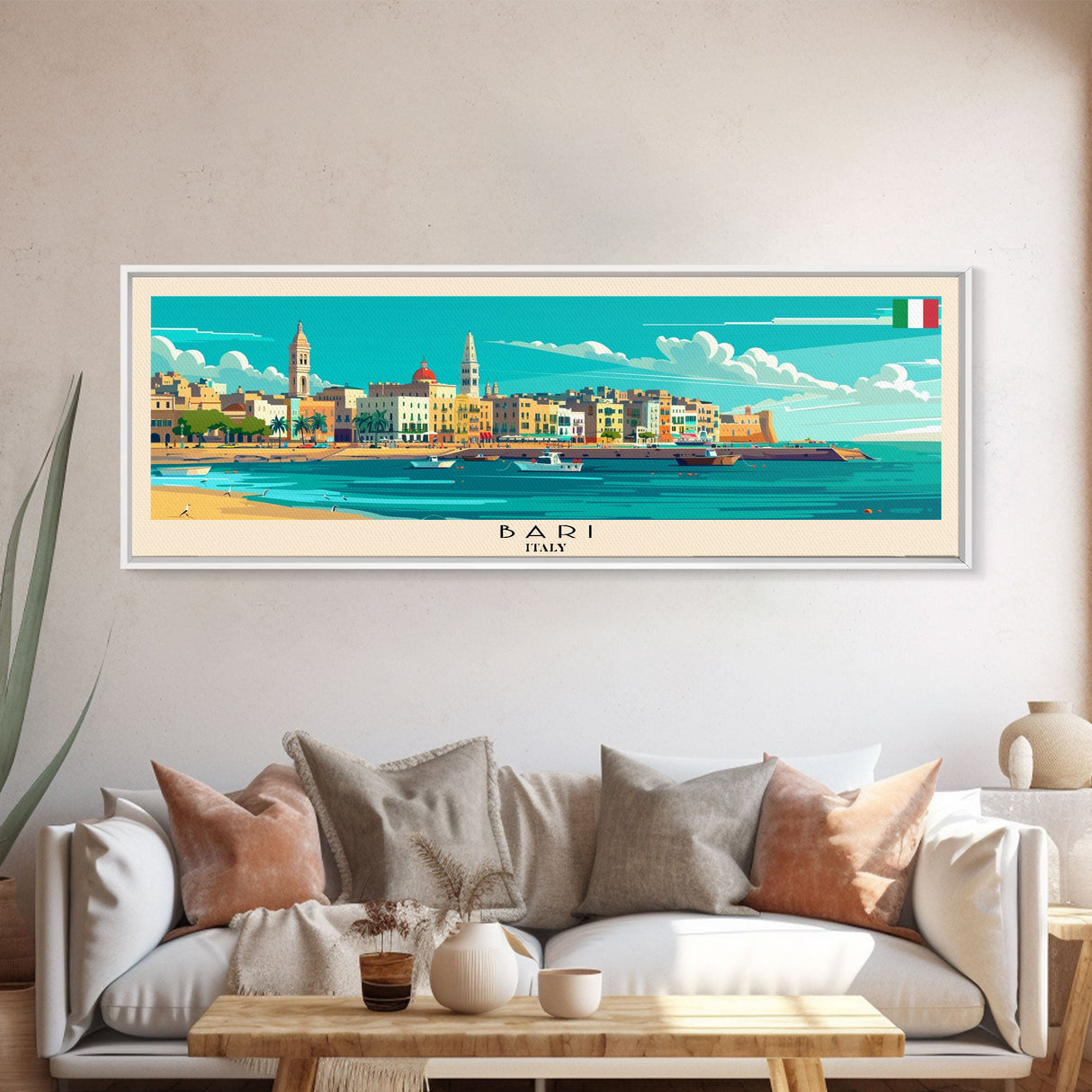 Bari Italy Travel Art, City Art, Framed Canvas Print or Metal Wall Art, Europe Travel Poster, Panoramic Wall Art, Extra Wide Wall Art