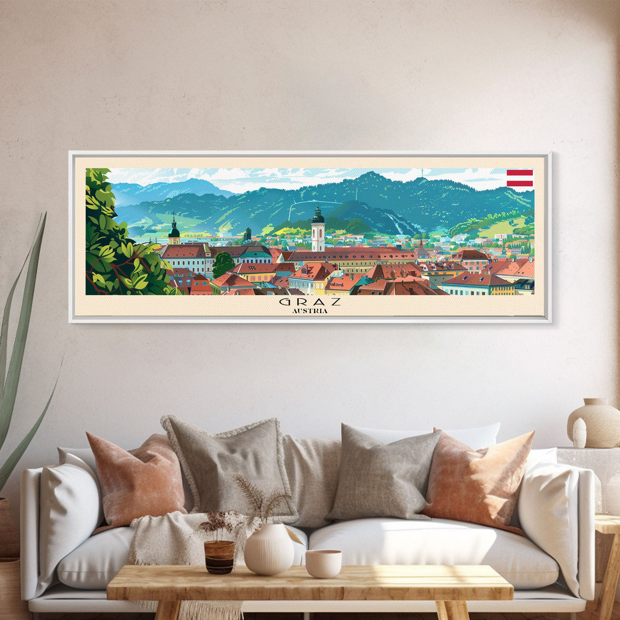 Graz Austria Wall Art, Panoramic Travel Poster, Panoramic Framed Canvas Print, City Wall Art, Wall Hanging Home Decor, Travel Art