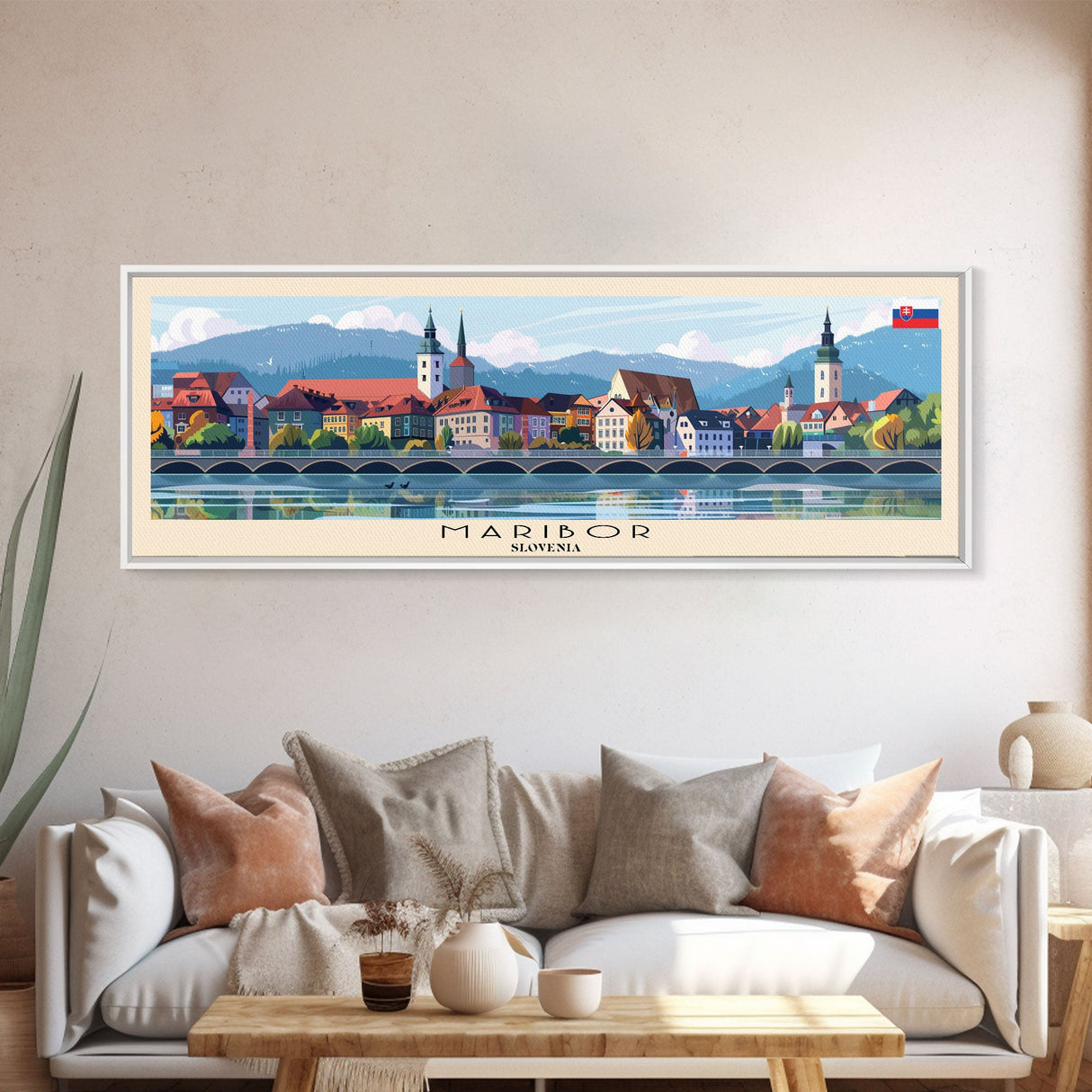 Maribor Slovenia Panoramic Travel Poster, Framed Canvas Print or Metal Wall Art, Travel Art, Home Decor, Panoramic Painting, Midcentury Art