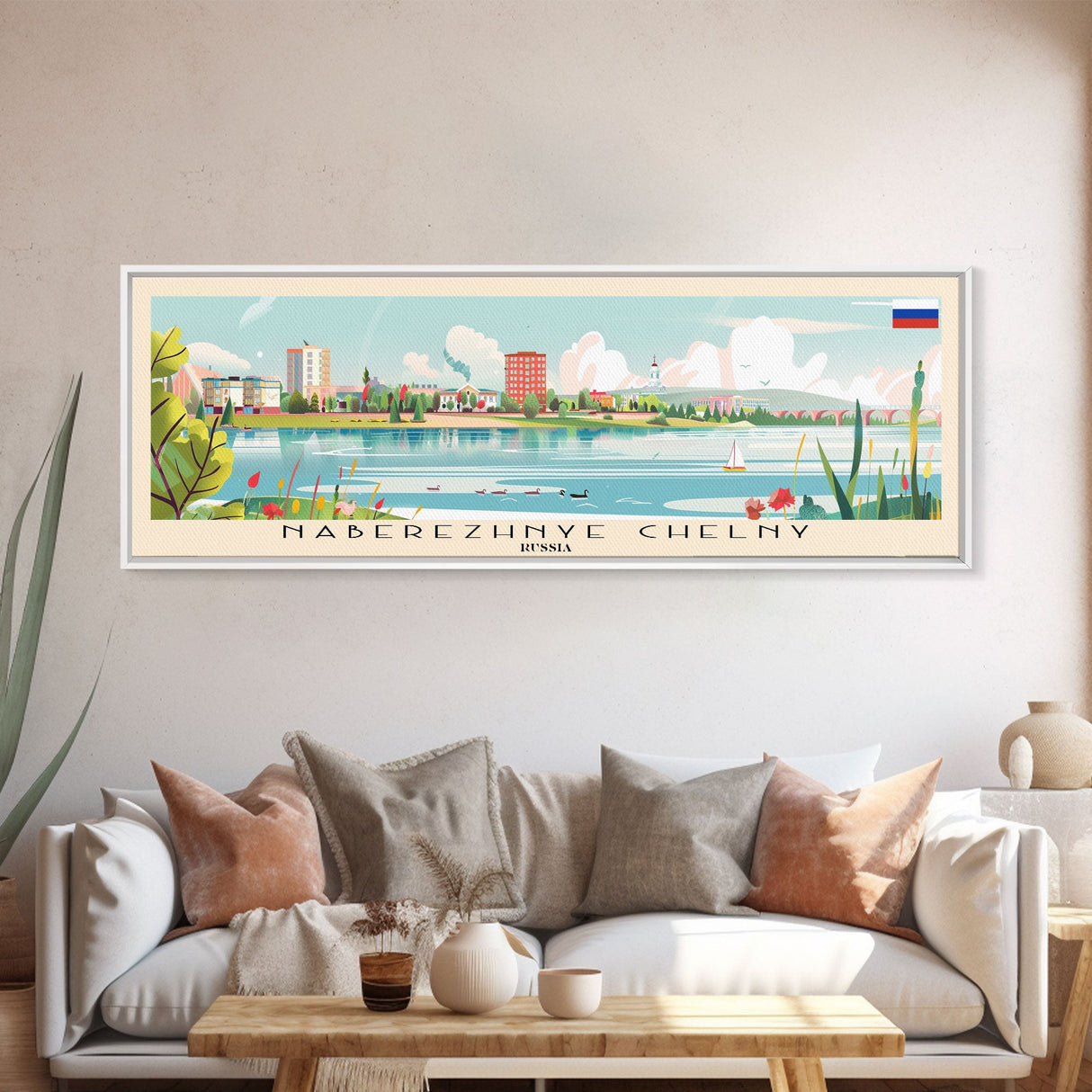 Naberezhnye Russia Travel Art, City Art, Framed Canvas Print or Metal Wall Art, Europe Travel Poster, Panoramic Wall Art, Extra Wide Wall Art