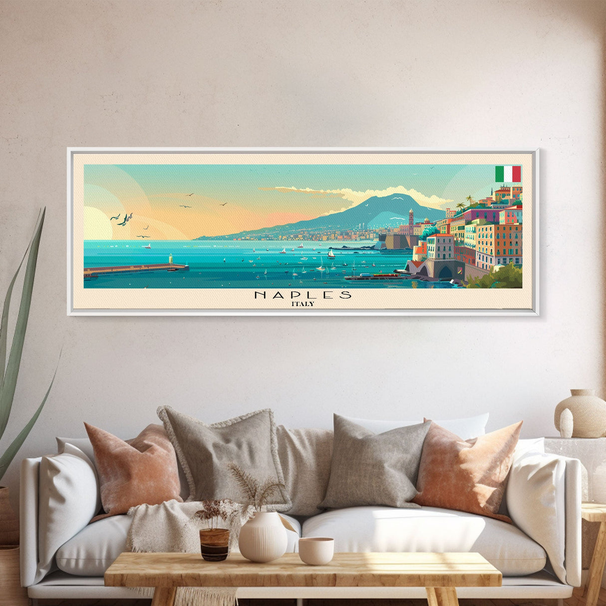 Naples Italy Travel Art, City Art, Framed Canvas Print or Metal Wall Art, Europe Travel Poster, Panoramic Wall Art, Extra Wide Wall Art