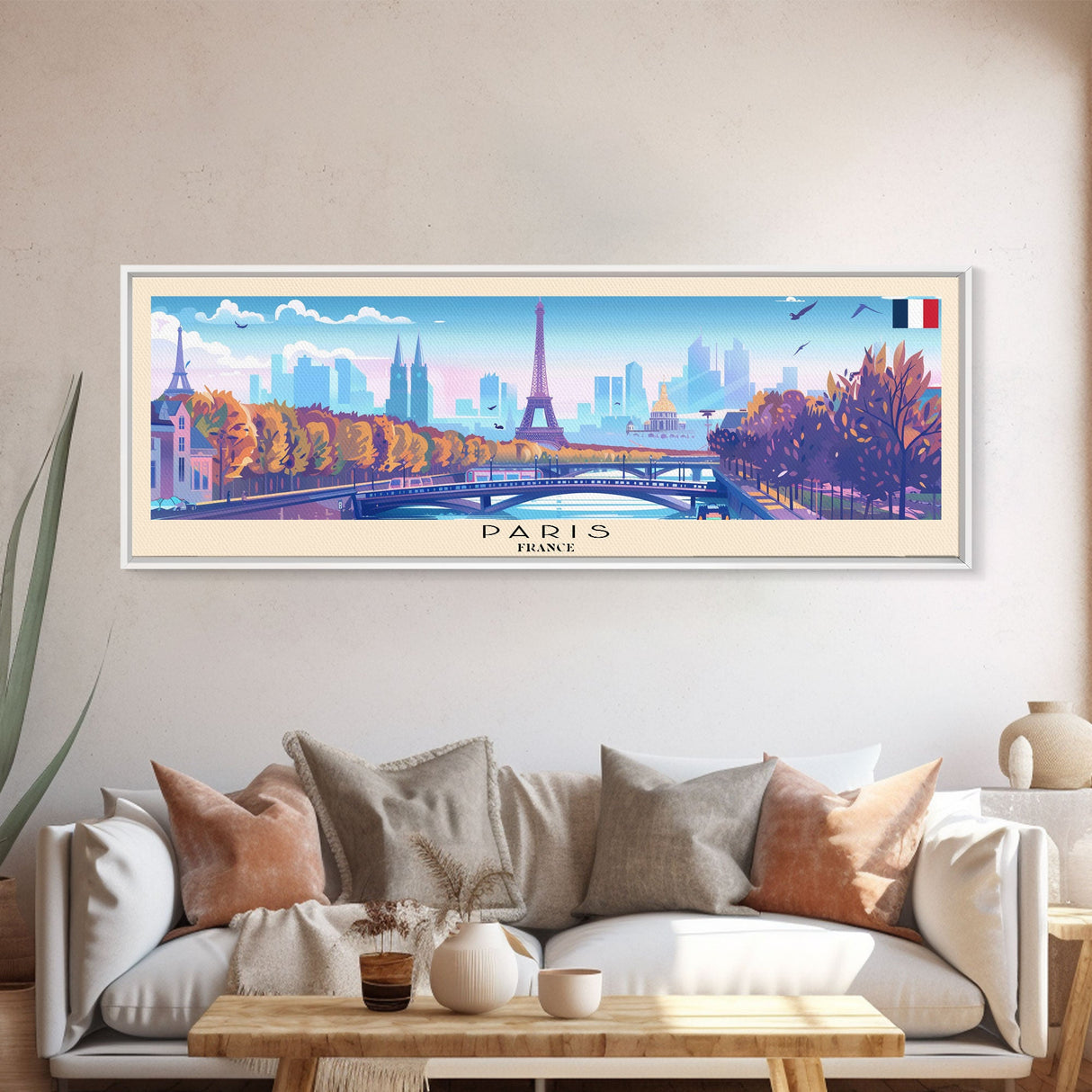 Paris France Panoramic Travel Poster, Framed Canvas Print or Metal Wall Art, Travel Art, Home Decor, Panoramic Painting, Midcentury Art