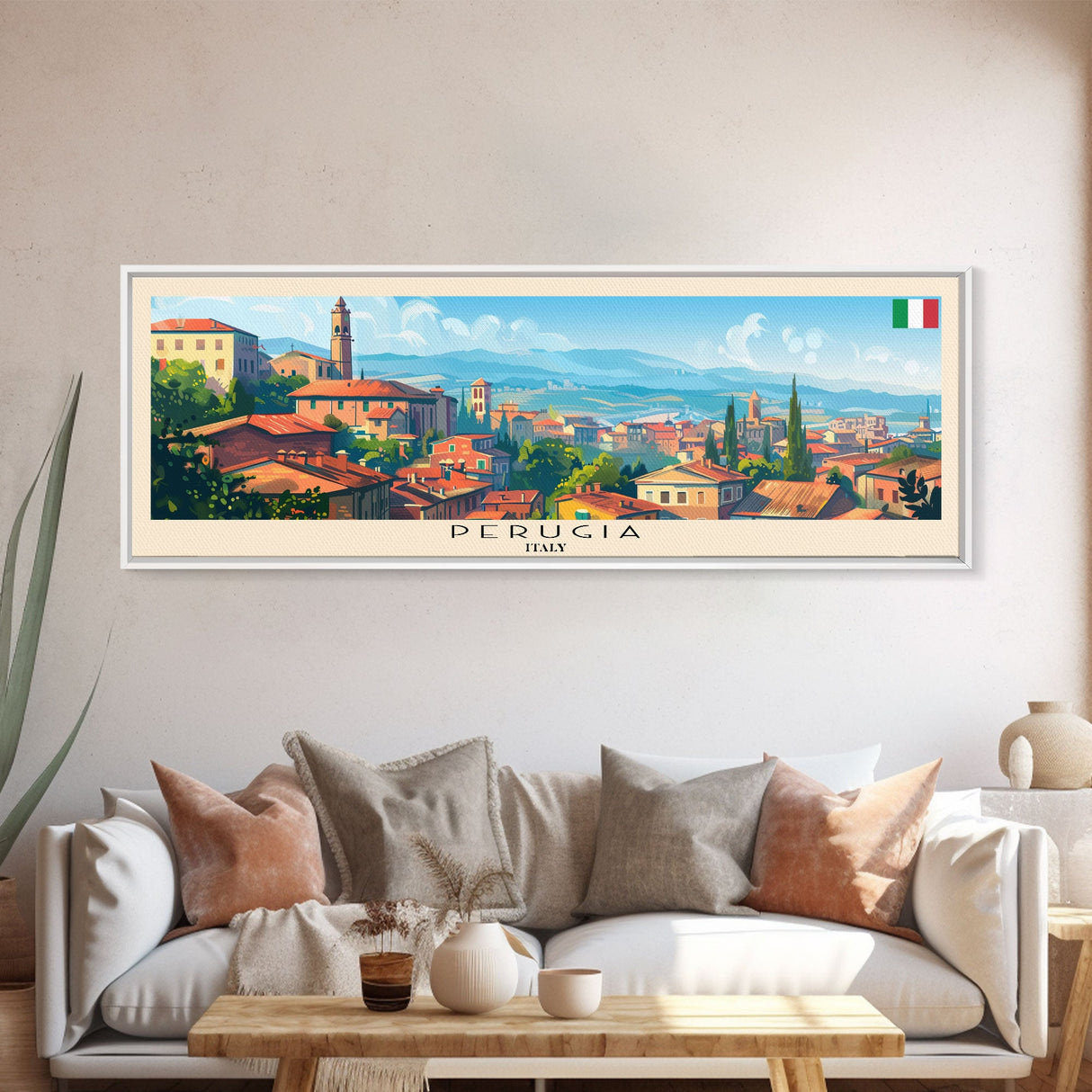 Perugia Italy Panoramic Travel Poster, Framed Canvas Print or Metal Wall Art, Travel Art, Home Decor, Panoramic Painting, Midcentury Art