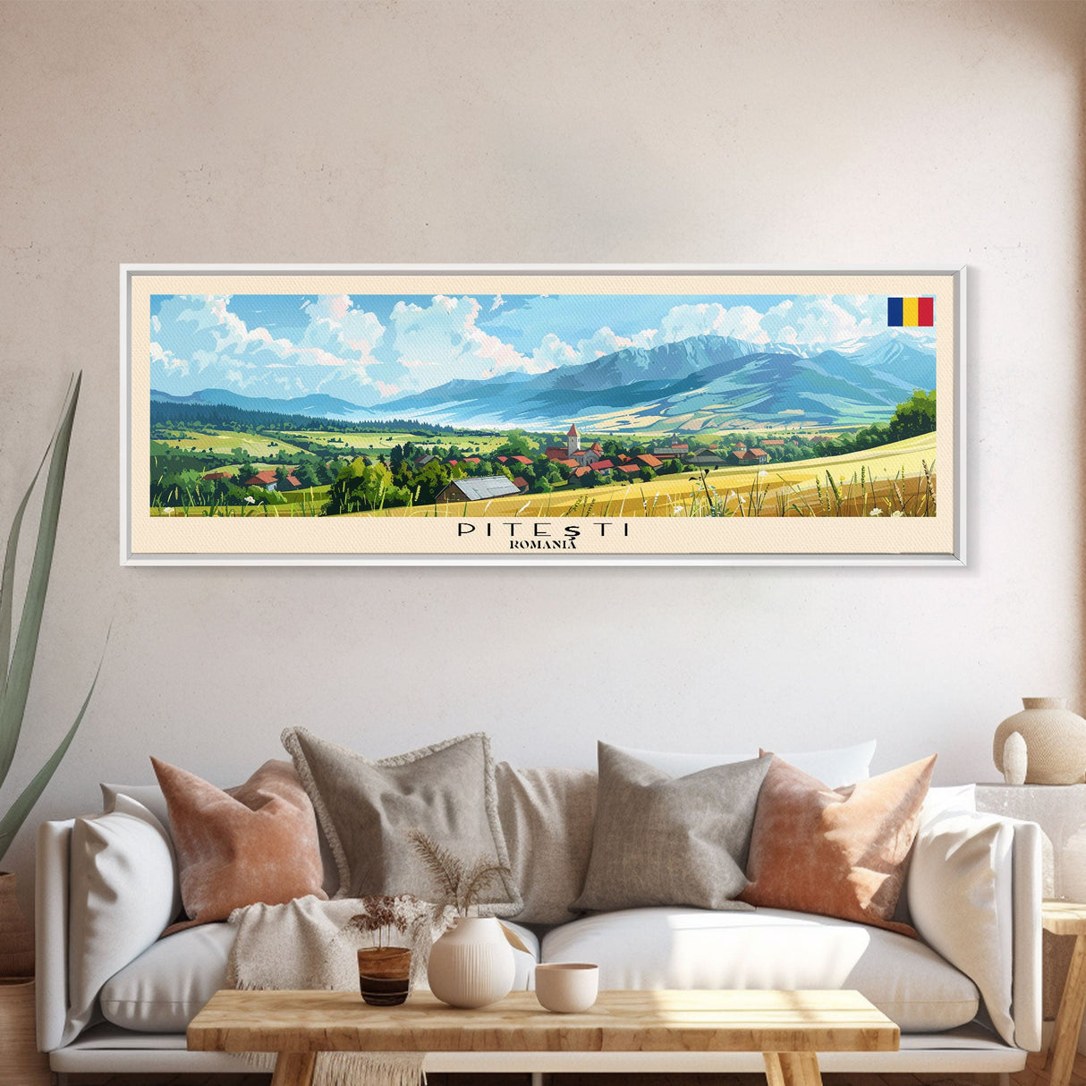 Pitesti Romania Panoramic Travel Poster, Framed Canvas Print or Metal Wall Art, Travel Art, Home Decor, Panoramic Painting, Midcentury Art