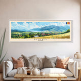 Pitesti Romania Panoramic Travel Poster, Framed Canvas Print or Metal Wall Art, Travel Art, Home Decor, Panoramic Painting, Midcentury Art