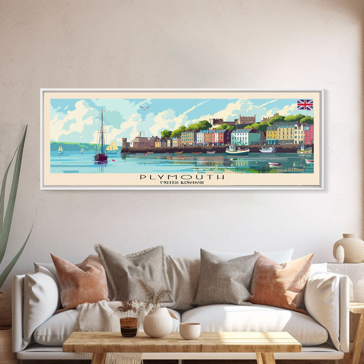 Plymouth United Kingdom Panoramic Travel Poster, Framed Canvas Print or Metal Wall Art, Travel Art, Home Decor, Panoramic Painting, Midcentury Art