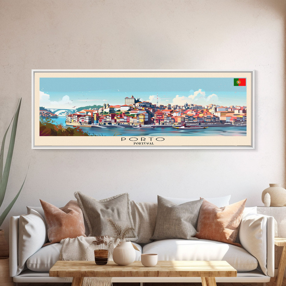 Porto Portugal Panoramic Travel Poster, Framed Canvas Print or Metal Wall Art, Travel Art, Home Decor, Panoramic Painting, Midcentury Art