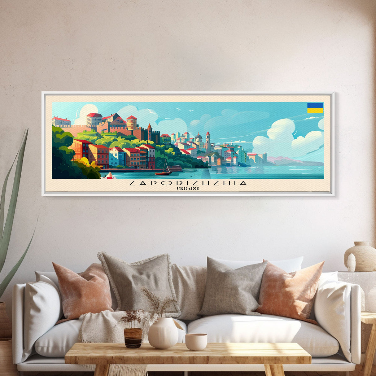 Zaporizhzhia Ukraine Panoramic Travel Poster, Framed Canvas Print or Metal Wall Art, Travel Art, Home Decor, Panoramic Painting, Midcentury Art