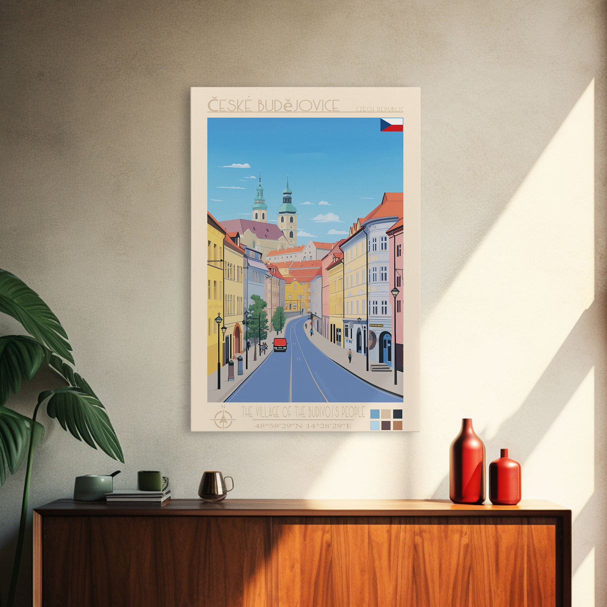 České Budějovice Czech Republic Travel Poster Framed Canvas Print, Midcentury Modern Art, Pop Art Decor, Living Room Wall Art