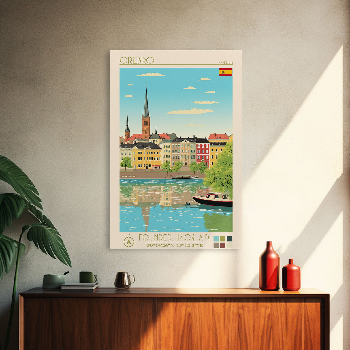 Örebro Sweden Travel Poster Framed Canvas Print, Midcentury Modern Art, Pop Art Wall Decor, Living Room Art, Home Decoration