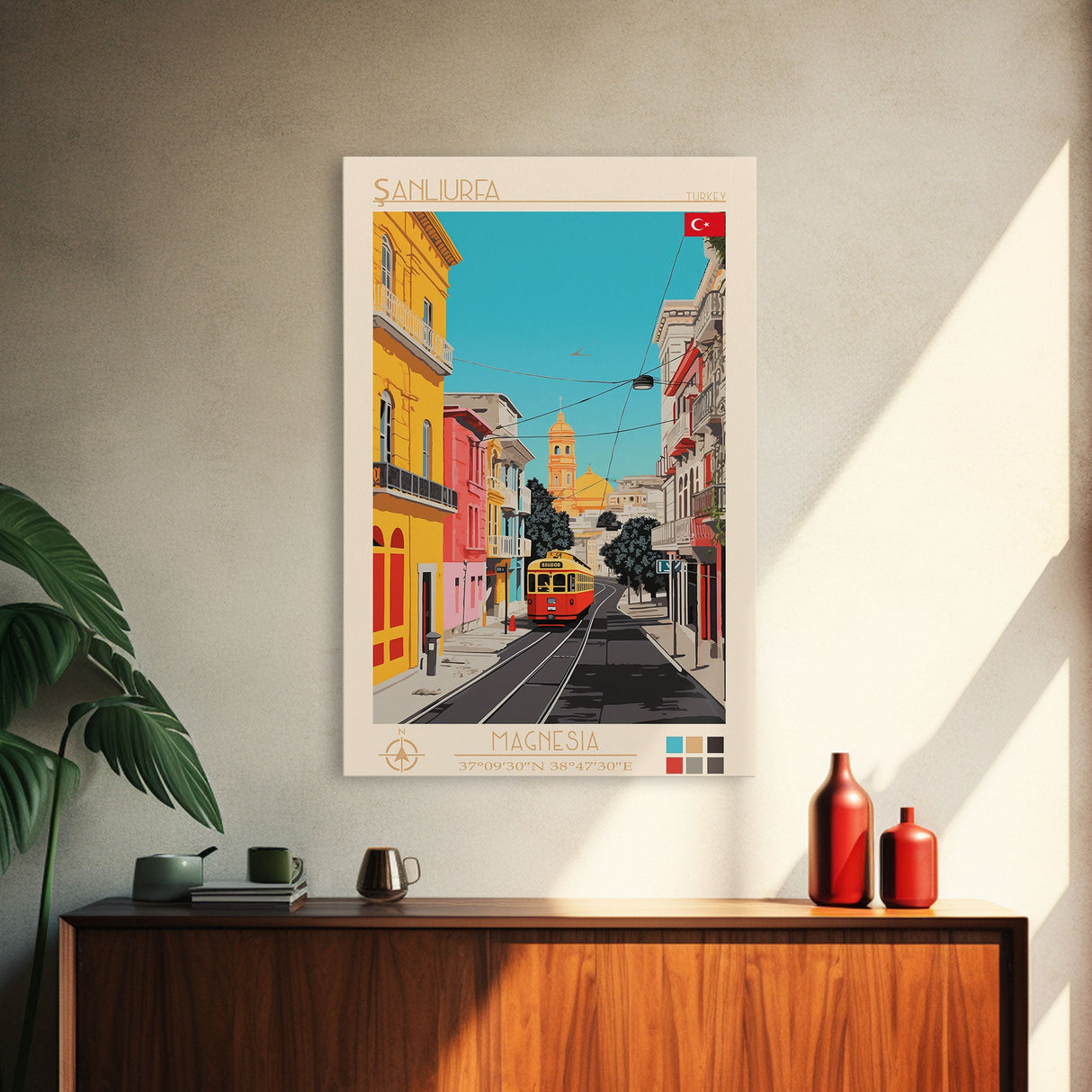 Şanlıurfa Turkey Travel Poster Framed Canvas Print, Midcentury Modern Art, Pop Art Decor, Living Room Wall Art, Scenic Print, Home Decoration