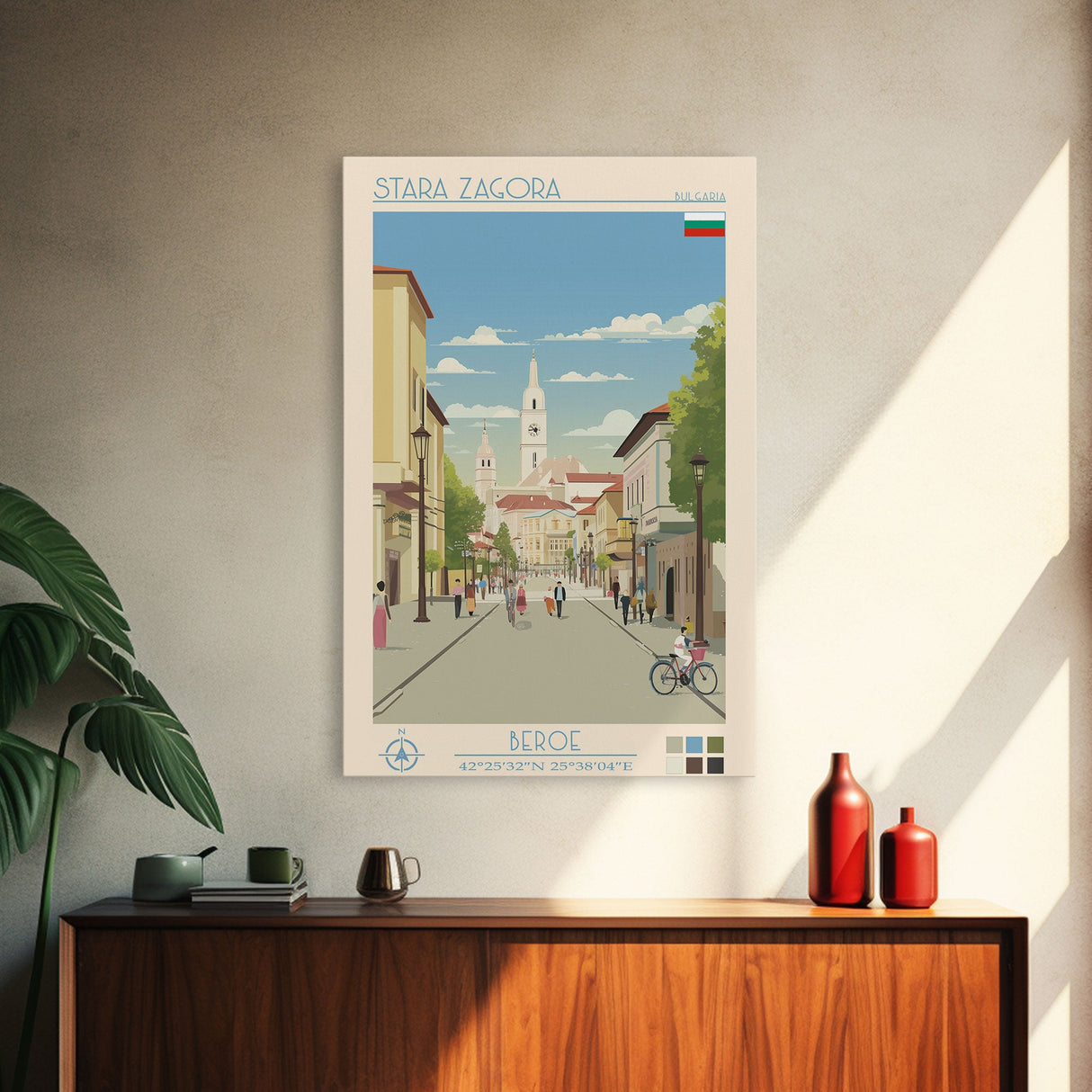 Stara Zagora Bulgaria Travel Poster Framed Canvas Print, Midcentury Modern Art, Pop Art Wall Decor, Living Room Art, Home Decoration