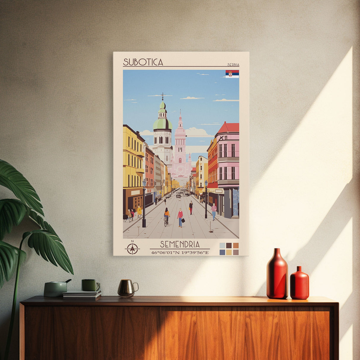 Subotica Serbia Travel Poster Framed Canvas Print, Midcentury Modern Art, Pop Art Wall Decor, Living Room Art, Home Decoration