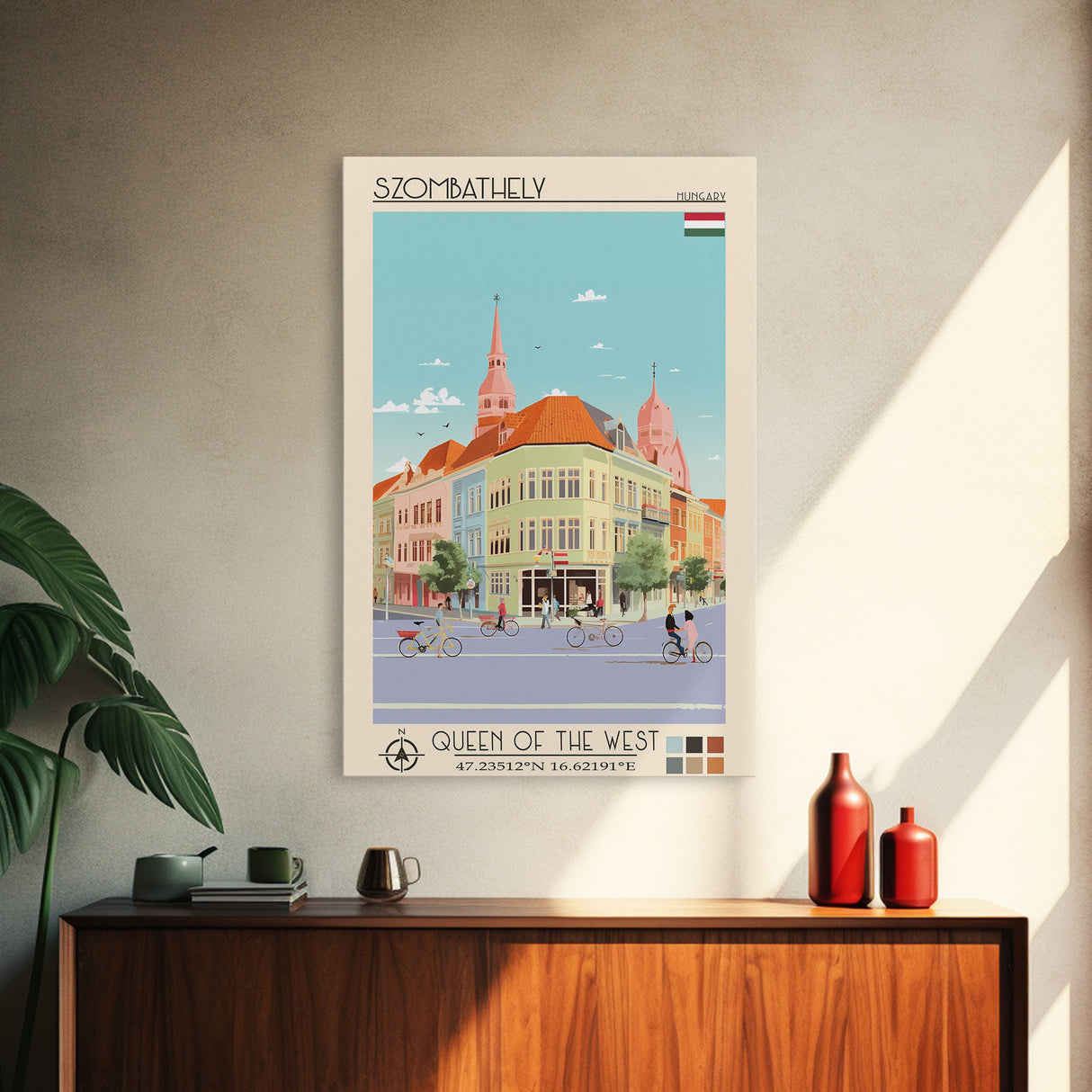 Szombathely Hungary Travel Poster Framed Canvas Print, Midcentury Modern Art, Pop Art Wall Decor, Living Room Art, Scenic Wall Art