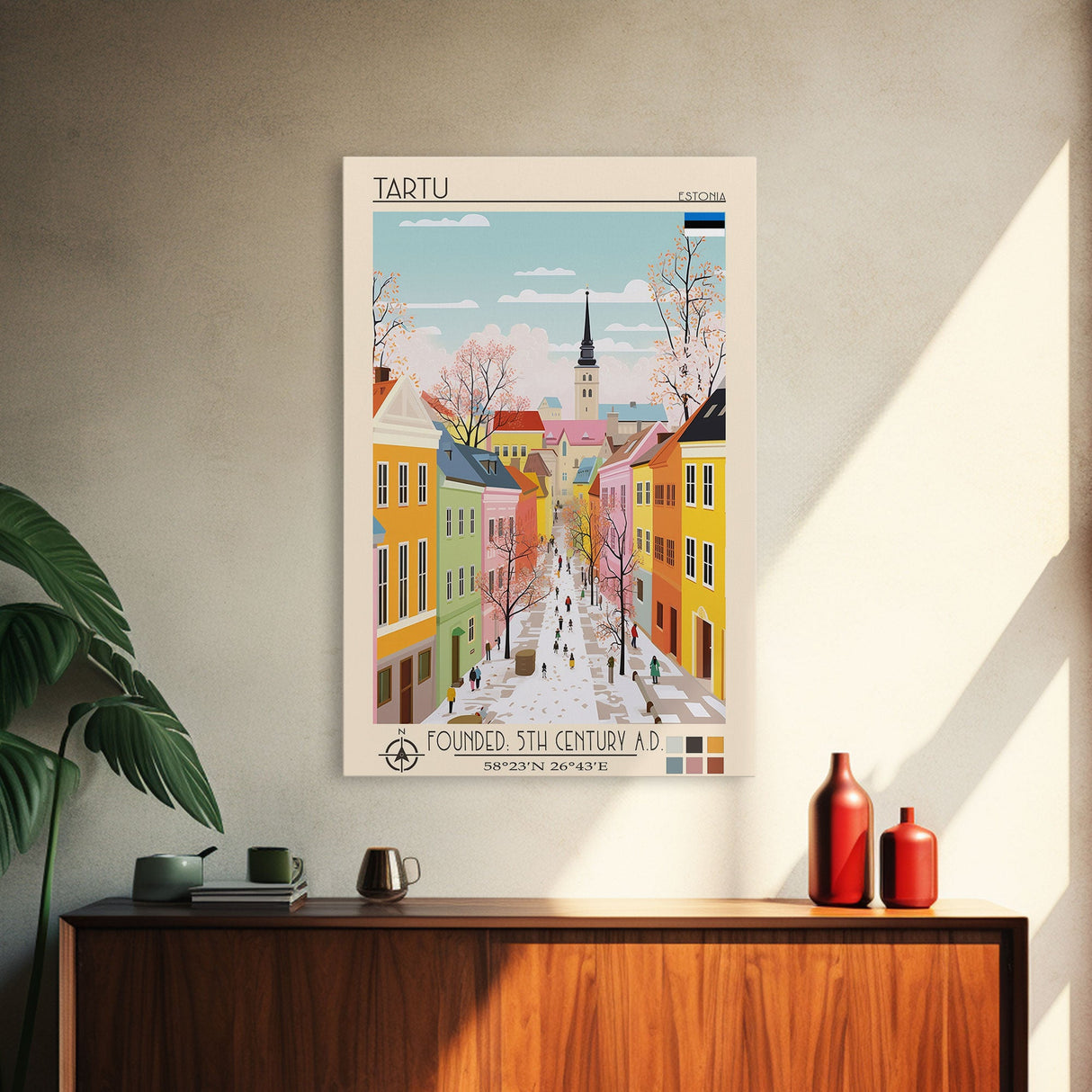 Tartu Estonia Travel Poster Framed Canvas Print, Midcentury Modern Art, Pop Art Wall Decor, Living Room Art, Home Decoration