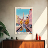 Tournai Belgium Travel Poster Framed Canvas Print, Midcentury Modern Art, Pop Art Wall Decor, Living Room Art, Scenic Wall Art