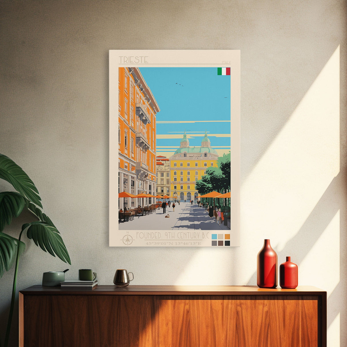 Trieste Italy Travel Poster Framed Canvas Print, Midcentury Modern Art, Pop Art Wall Decor, Living Room Art, Home Decoration