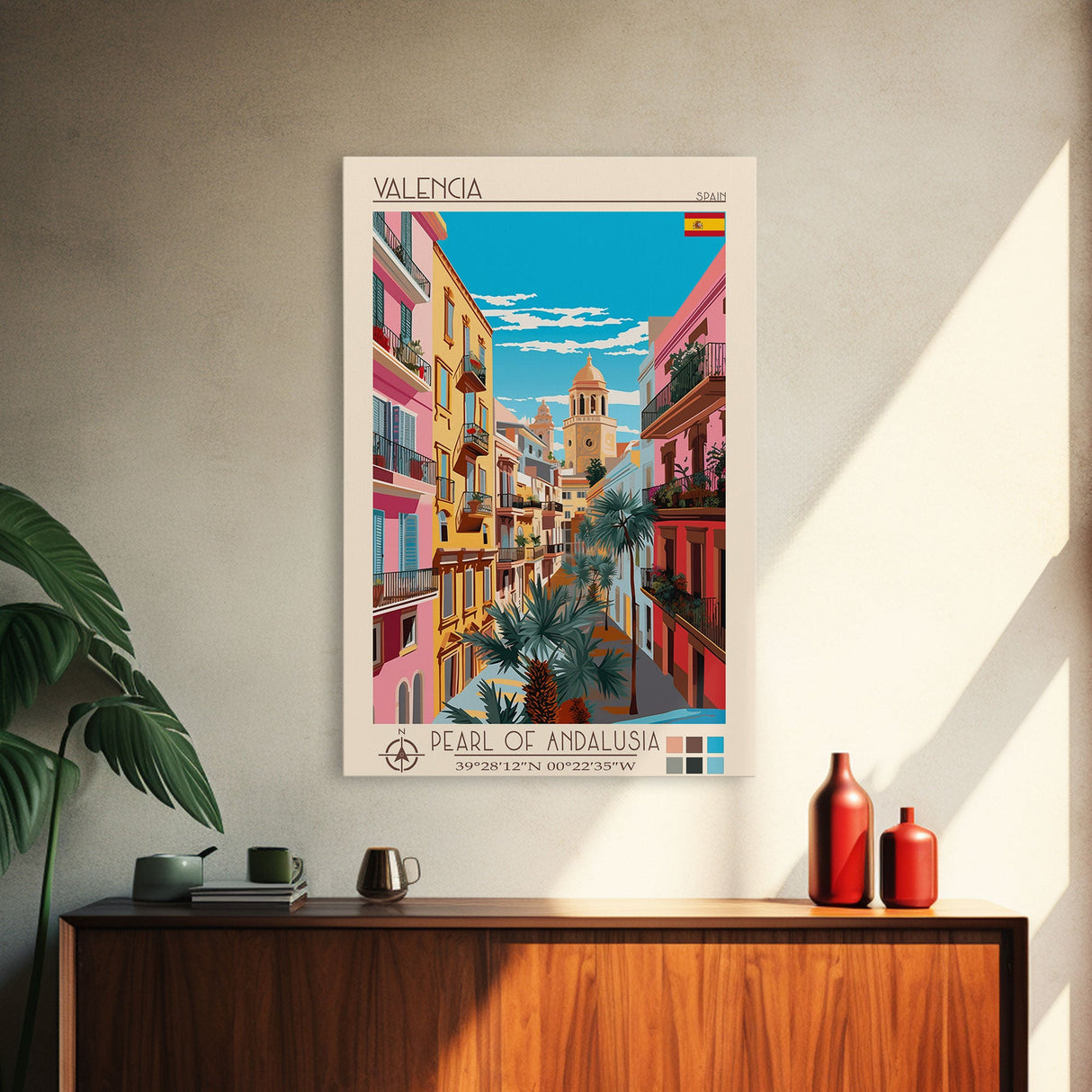 Valencia Spain Travel Poster Framed Canvas Print, Midcentury Modern Art, Pop Art Wall Decor, Living Room Art, Vacation Gift