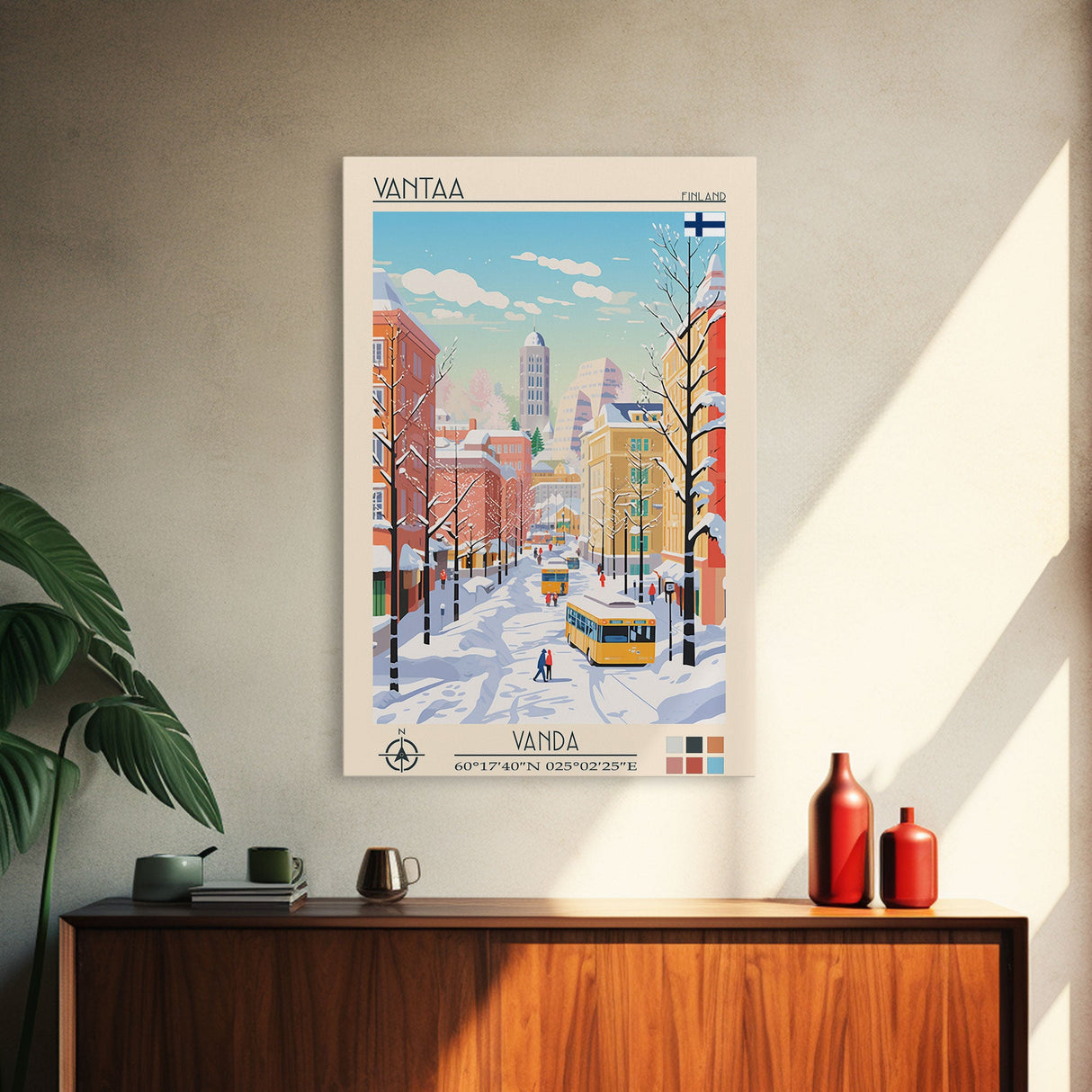 Vantaa Finland Travel Poster Framed Canvas Print, Midcentury Modern Art, Pop Art Wall Decor, Living Room Art, Vacation Gift