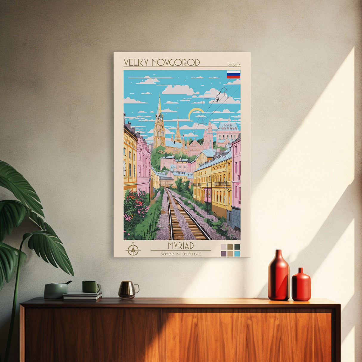 Veliky Novgorod Russia Travel Poster Framed Canvas Print, Midcentury Modern Art, Pop Art Wall Decor, Living Room Art, Scenic Wall Art