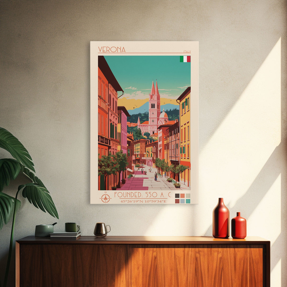 Verona Italy Travel Poster Framed Canvas Print, Midcentury Modern Art, Pop Art Wall Decor, Living Room Art, Home Decoration