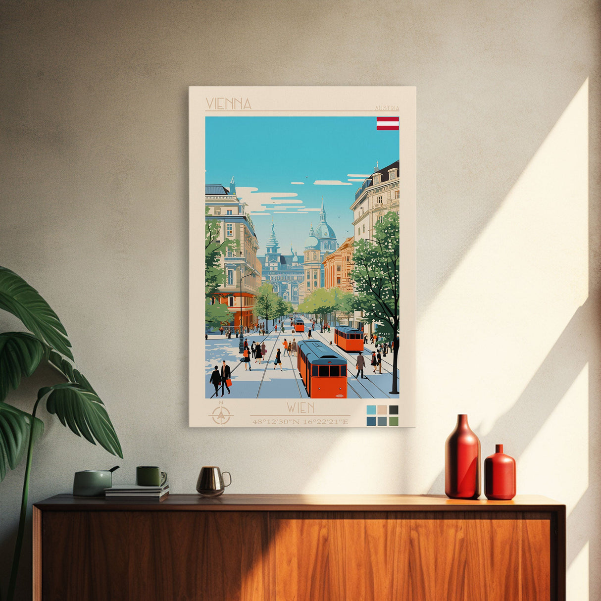 Vienna Austria Travel Poster Framed Canvas Print, Midcentury Modern Art, Pop Art Wall Decor, Living Room Art, Scenic Wall Art