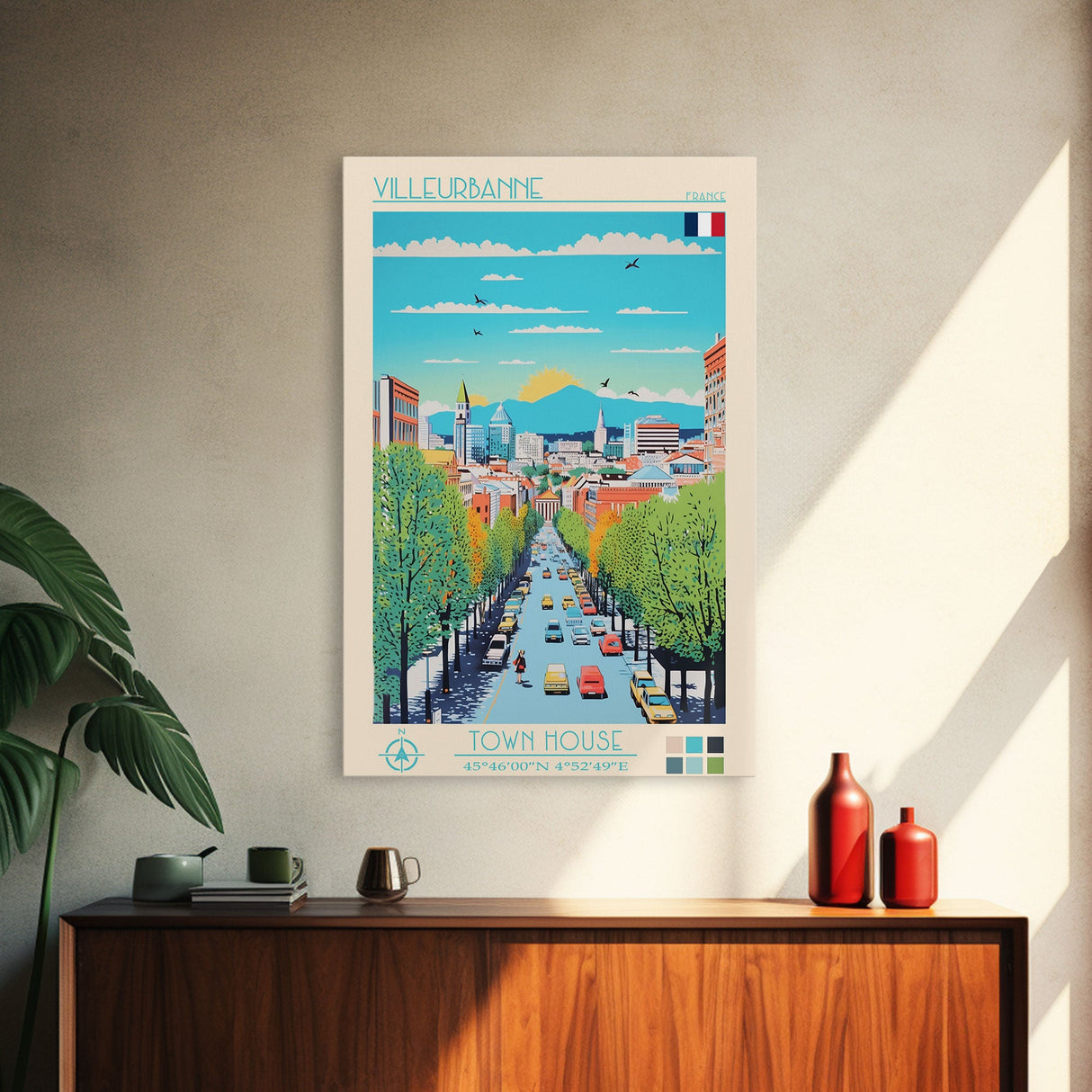 Villeurbanne France Travel Poster Framed Canvas Print, Midcentury Modern Art, Pop Art Wall Decor, Living Room Art, Vacation Gift