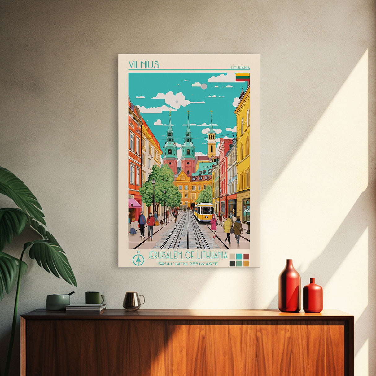 Vilnius Lithuania Travel Poster Framed Canvas Print, Midcentury Modern Art, Pop Art Wall Decor, Living Room Art, Home Decoration