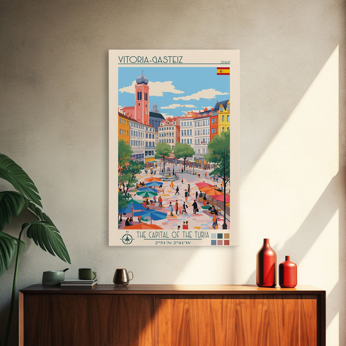 Vitoria-Gasteiz Spain Travel Poster Framed Canvas Print, Midcentury Modern Art, Pop Art Wall Decor, Living Room Art, Vacation Gift