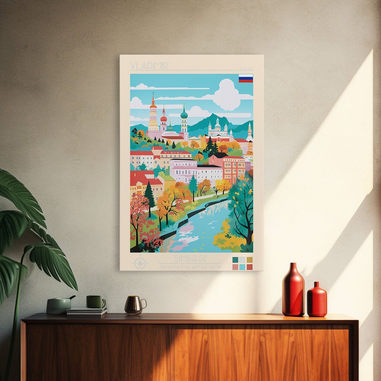 Vladimir Russia Travel Poster Framed Canvas Print, Midcentury Modern Art, Pop Art Wall Decor, Living Room Art, Scenic Wall Art