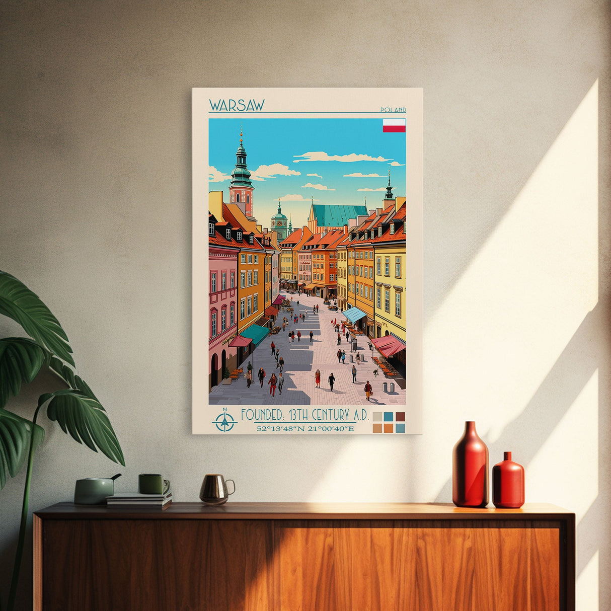 Warsaw Poland Travel Poster Framed Canvas Print, Midcentury Modern Art, Pop Art Wall Decor, Living Room Art, Scenic Wall Art