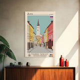 Žilina Slovakia Travel Poster Framed Canvas Print, Midcentury Modern Art, Pop Art Decor, Living Room Wall Art, Vacation Gift, Scenic Print