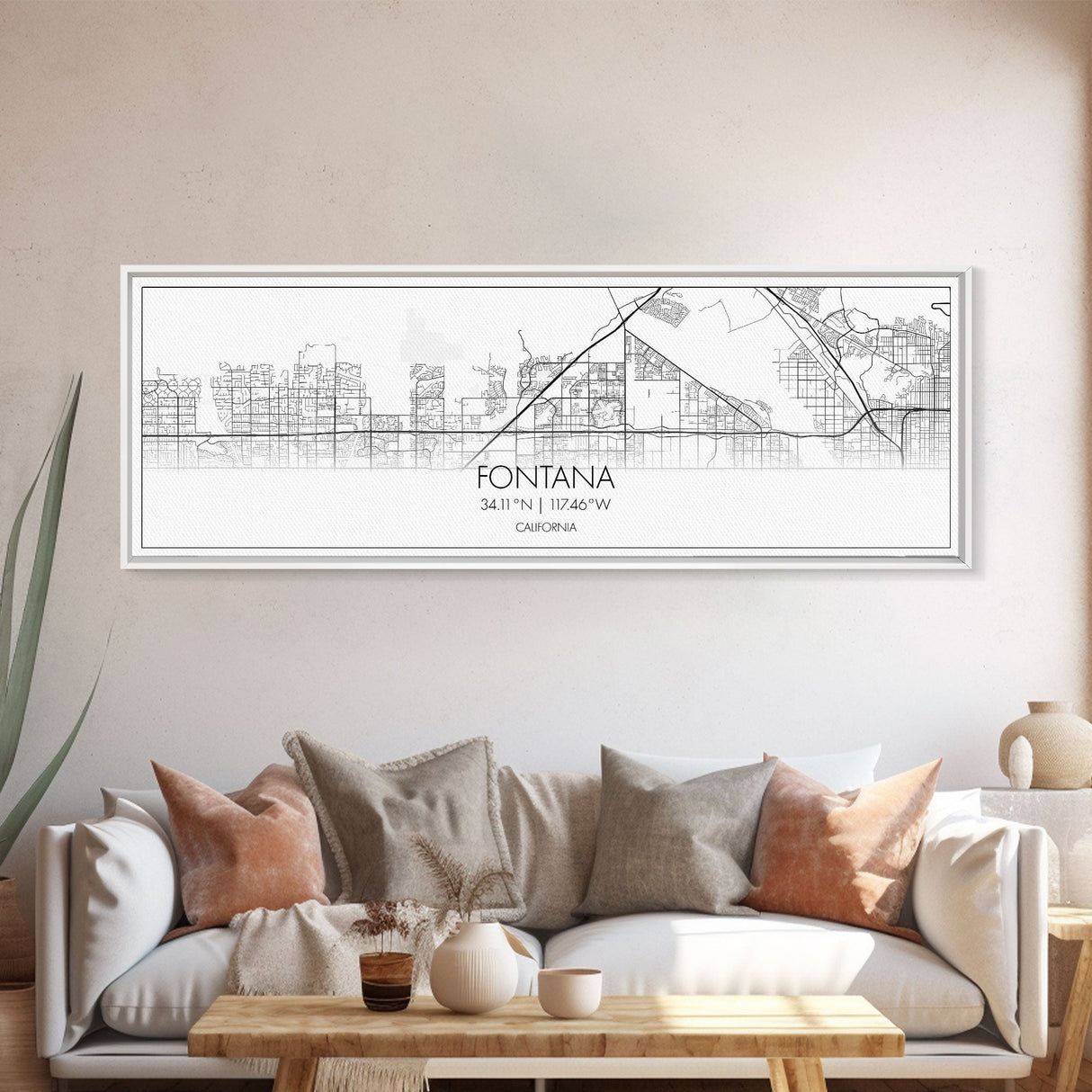 Panoramic Fontana City Map, California Art, Map Print, Minimalist Wall Art, Canvas Art, Housewarming Gift, Street Map Art, Closing Gift