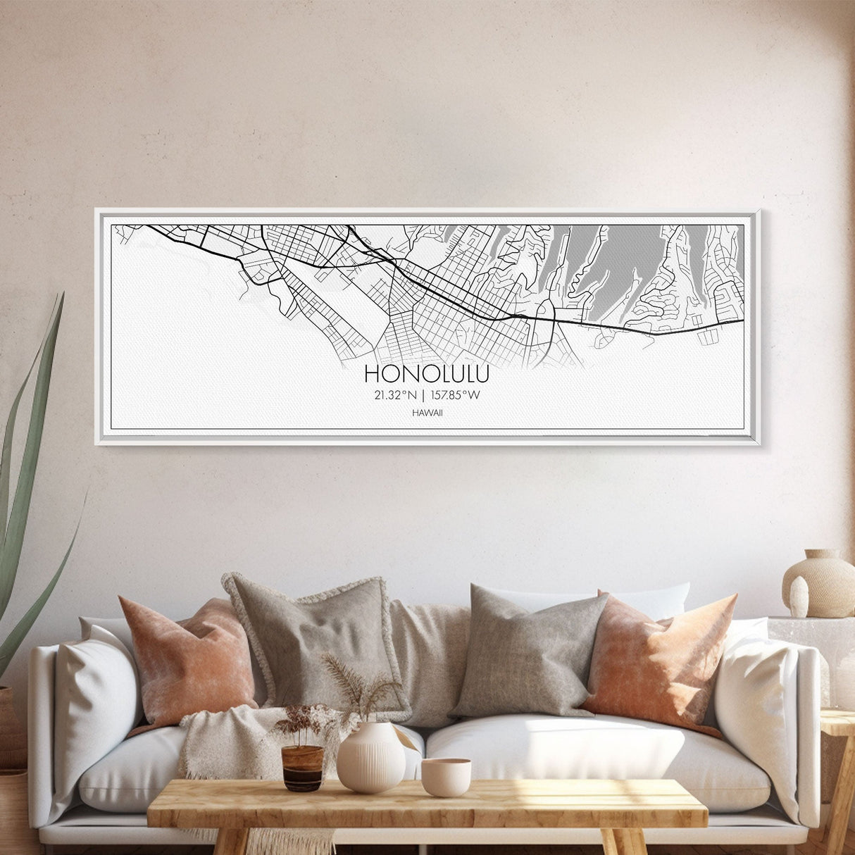 Panoramic Honolulu City Map, Hawaii Art, Map Print, Minimalist Wall Art, Canvas Art, Housewarming Gift, Street Map Art, Closing Gift