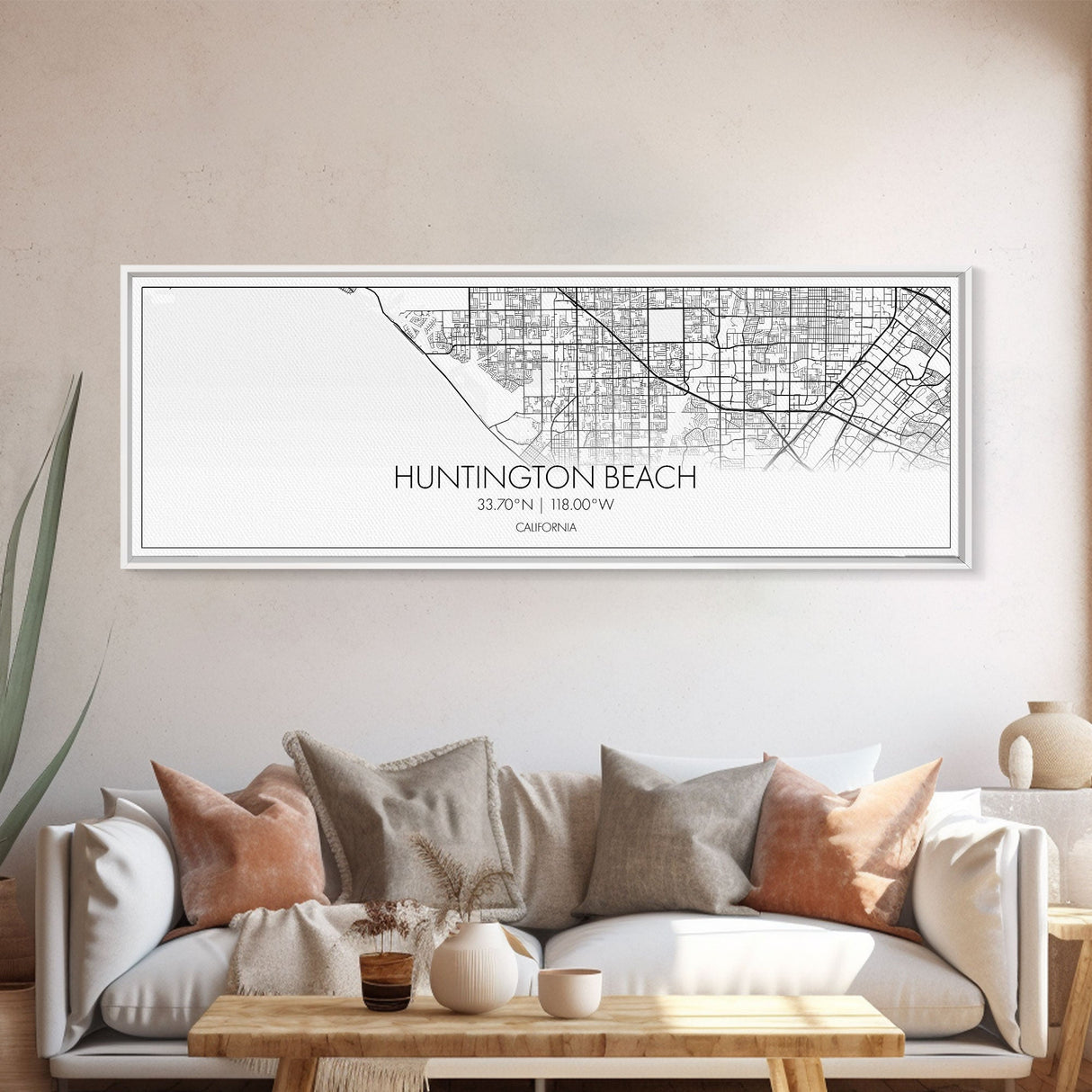 Panoramic Huntington Beach City Map, California Art, Map Print, Minimalist Wall Art, Canvas Art, Housewarming Gift, Street Map, Closing Gift