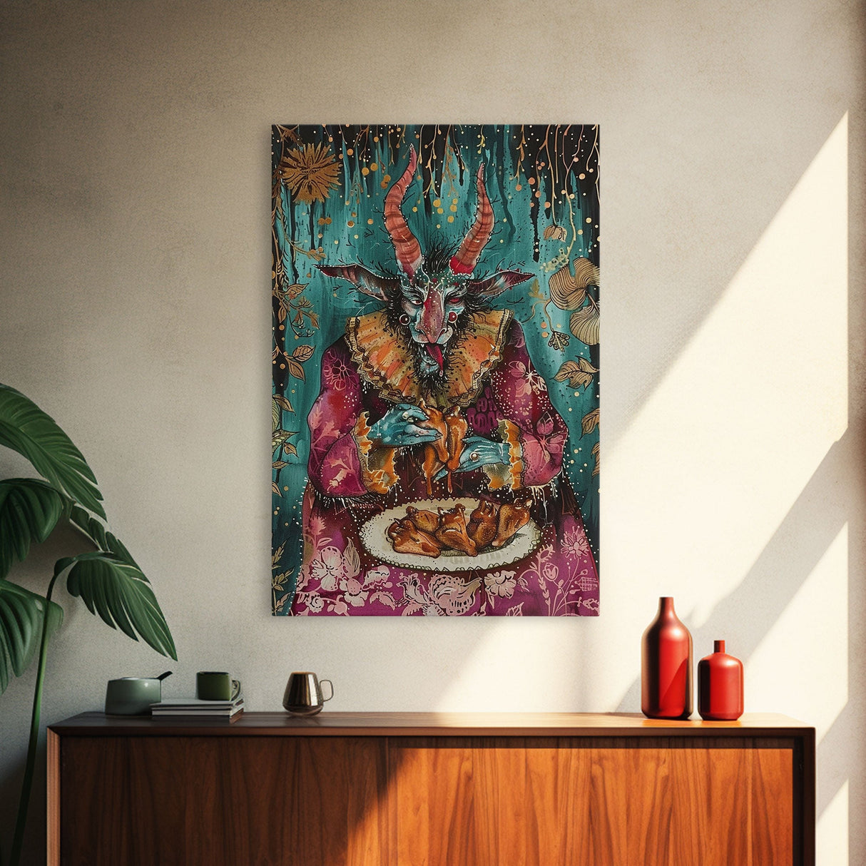 A demon eating some hot wings - hope he didn't sell his soul for them they look pretty good! Halloween Wall Art Framed Canvas