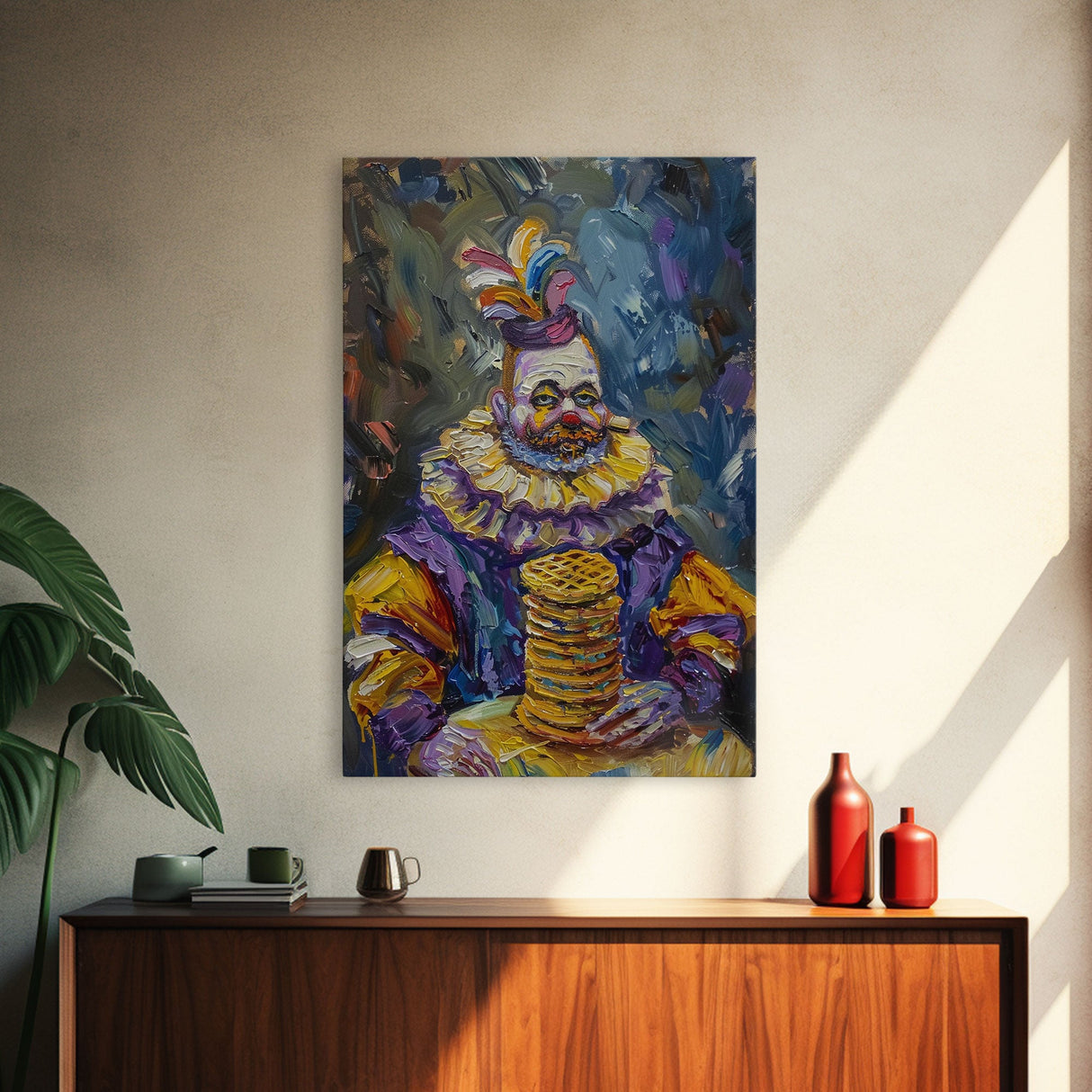 Whimsical Clown with Pancakes Framed Canvas Print | Halloween Circus Art | Spooky Clown Decor | Fun Circus Clown Art for Home Decoration