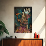 Werewolf Devouring a Pizza in a Colorful Halloween Setting, Bringing a Mix of Horror and Humor to Your Spooky Wall Art Collection