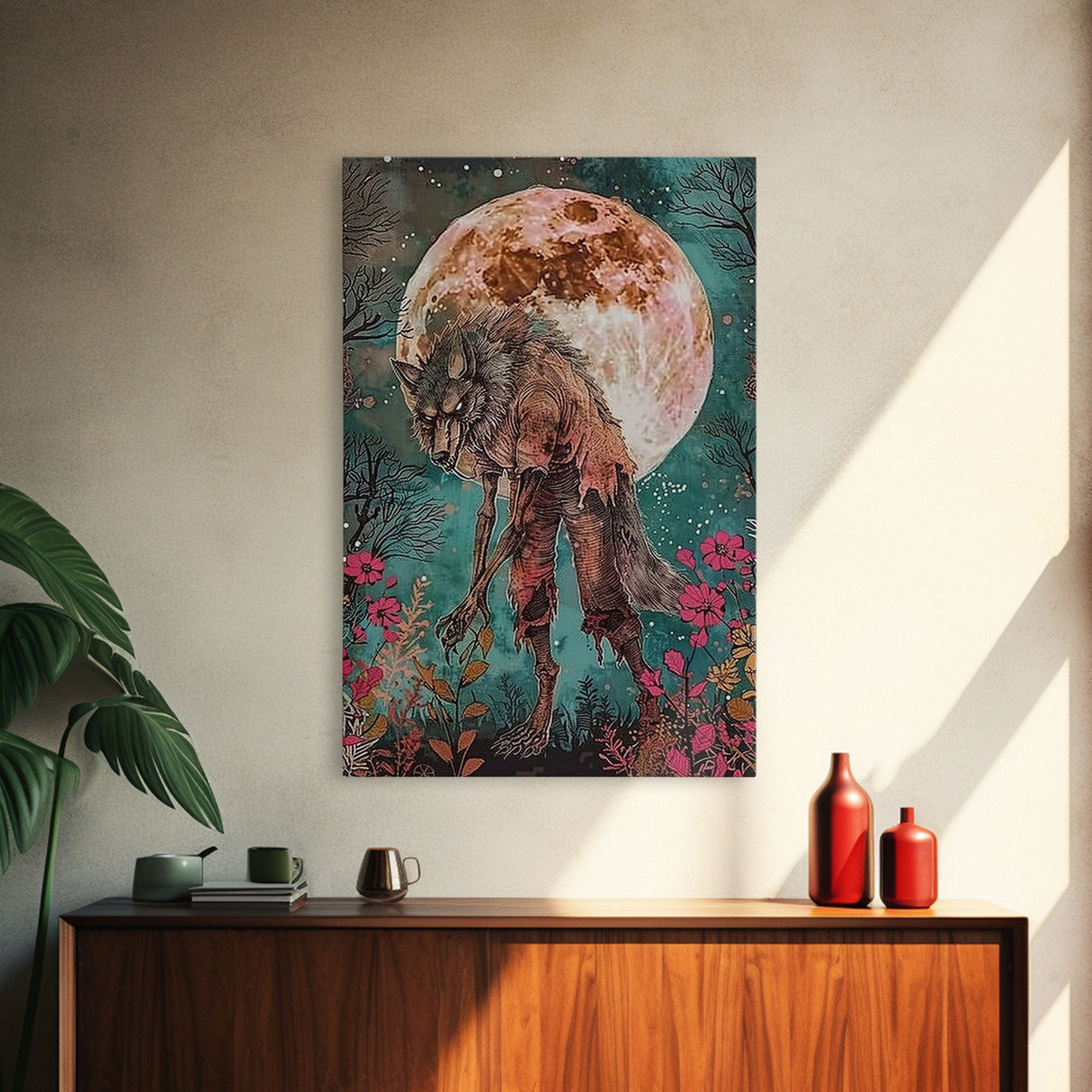 Werewolf Among Flowers and Full Moon Framed Canvas Print | Halloween Monster Art | Spooky Werewolf Decor for Home | Floral and Moon Artwork