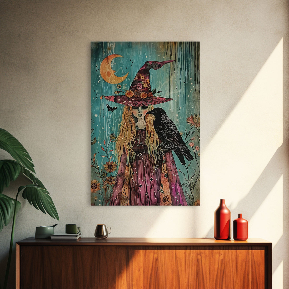 Witch with Owl in Magical Forest - Halloween Art, Gothic Art, Spooky Decor, Dark Magic Art, Enchanted Woods, Framed Canvas Print