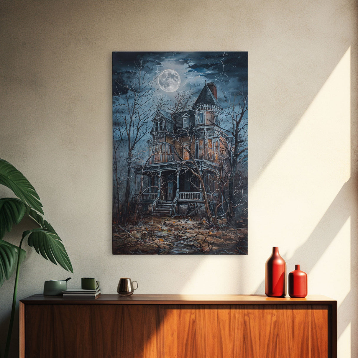 Abandoned House Under Moon Full Halloween Art, Spooky Mansion, Haunted Home, Creepy Decor, Gothic Artwork, Framed Canvas Print