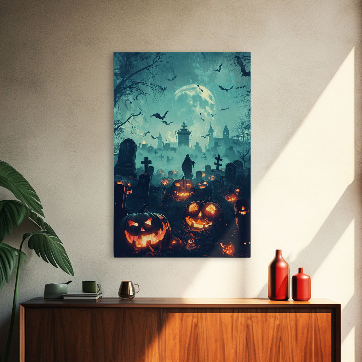 Bats and Jack-O-Lanterns Framed Canvas Print, Halloween Wall Art, Haunted Graveyard, Home Decor, Spooky Art, Living Room Decor, Gothic Art