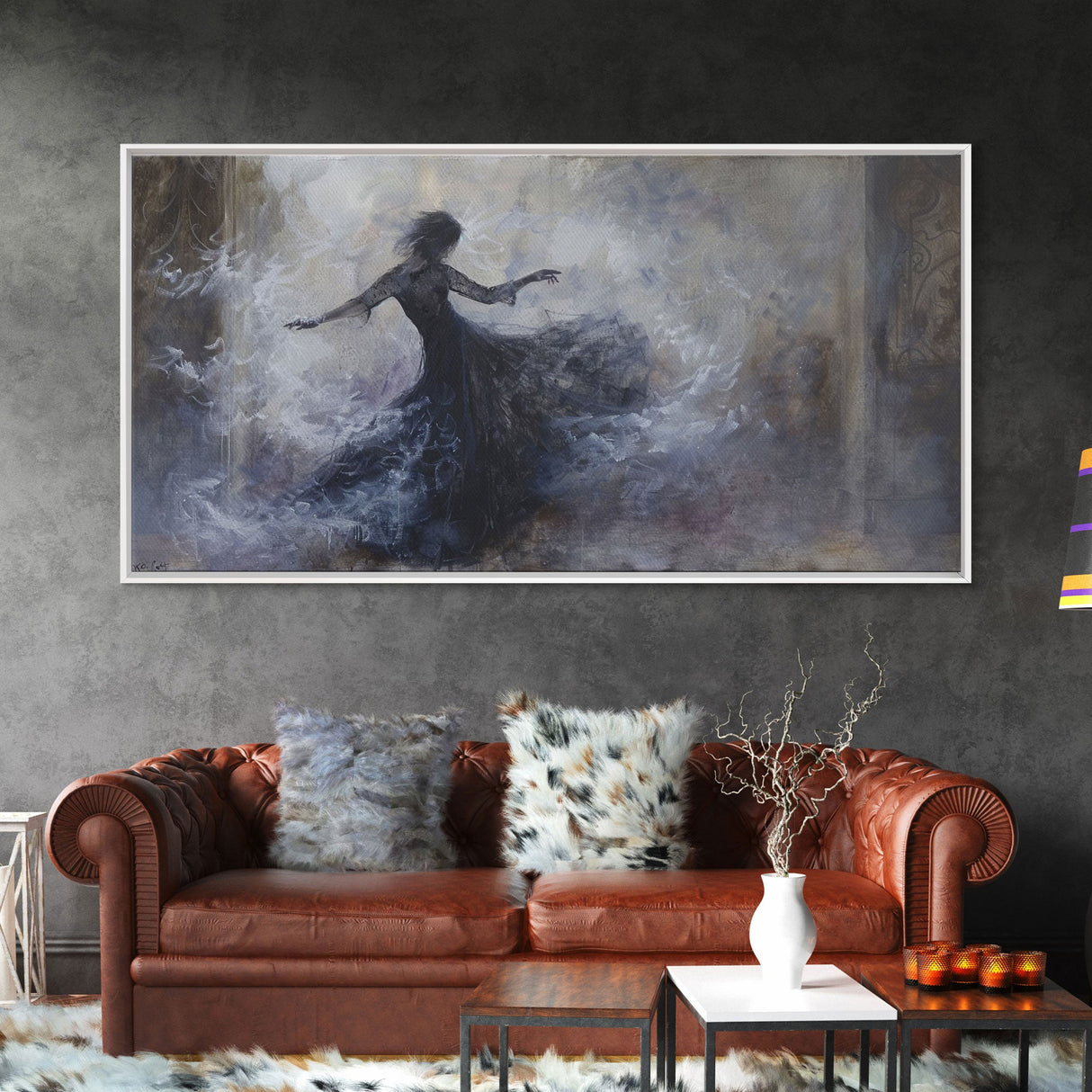 Ballerina Dancing In The Fog, Framed Canvas Print, Halloween Decor, Macabre Dark Academia Wall Art