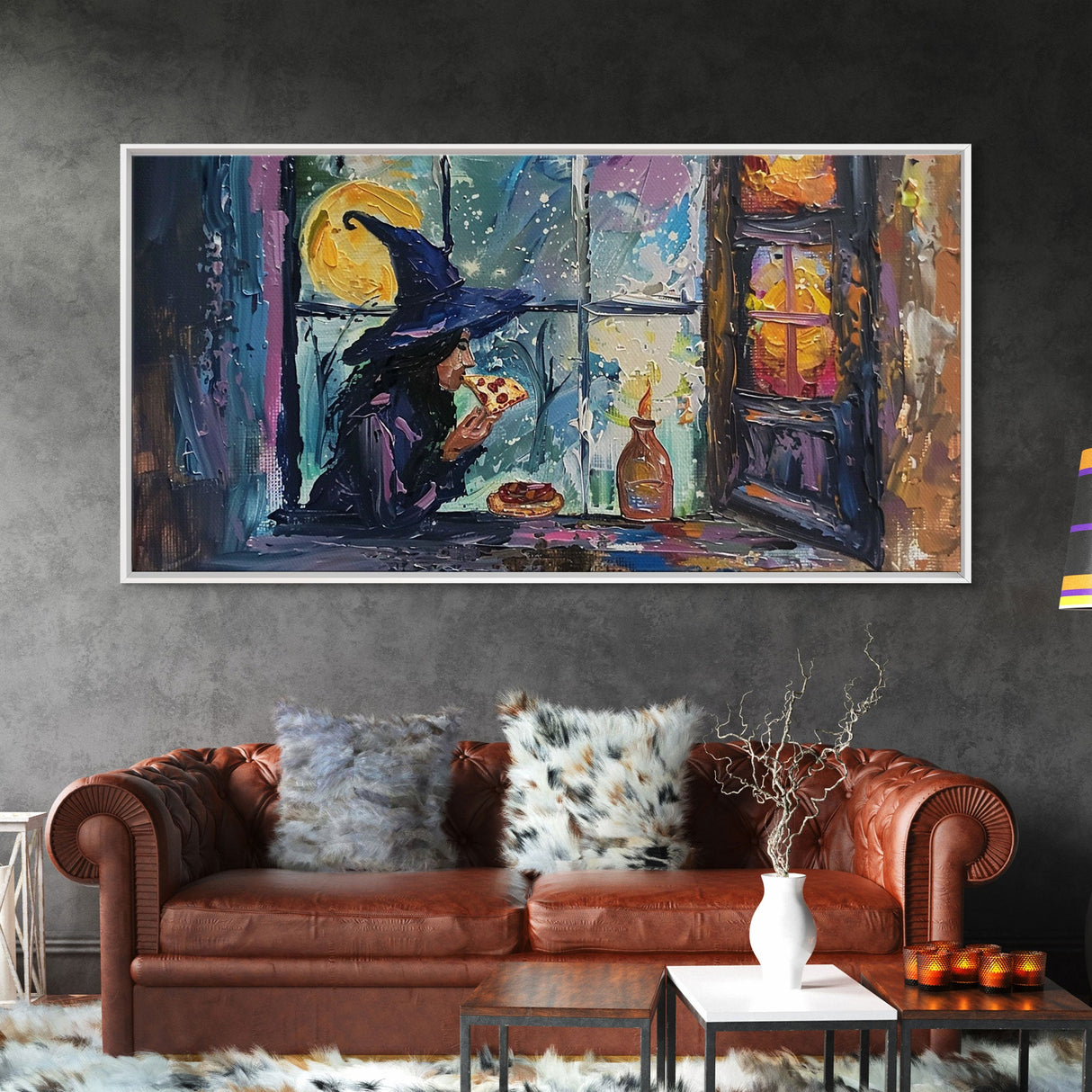 Witch Eatin' a Slice of Pizza, Framed Canvas Print, Witchy Decor, Impasto Style Halloween Wall Art