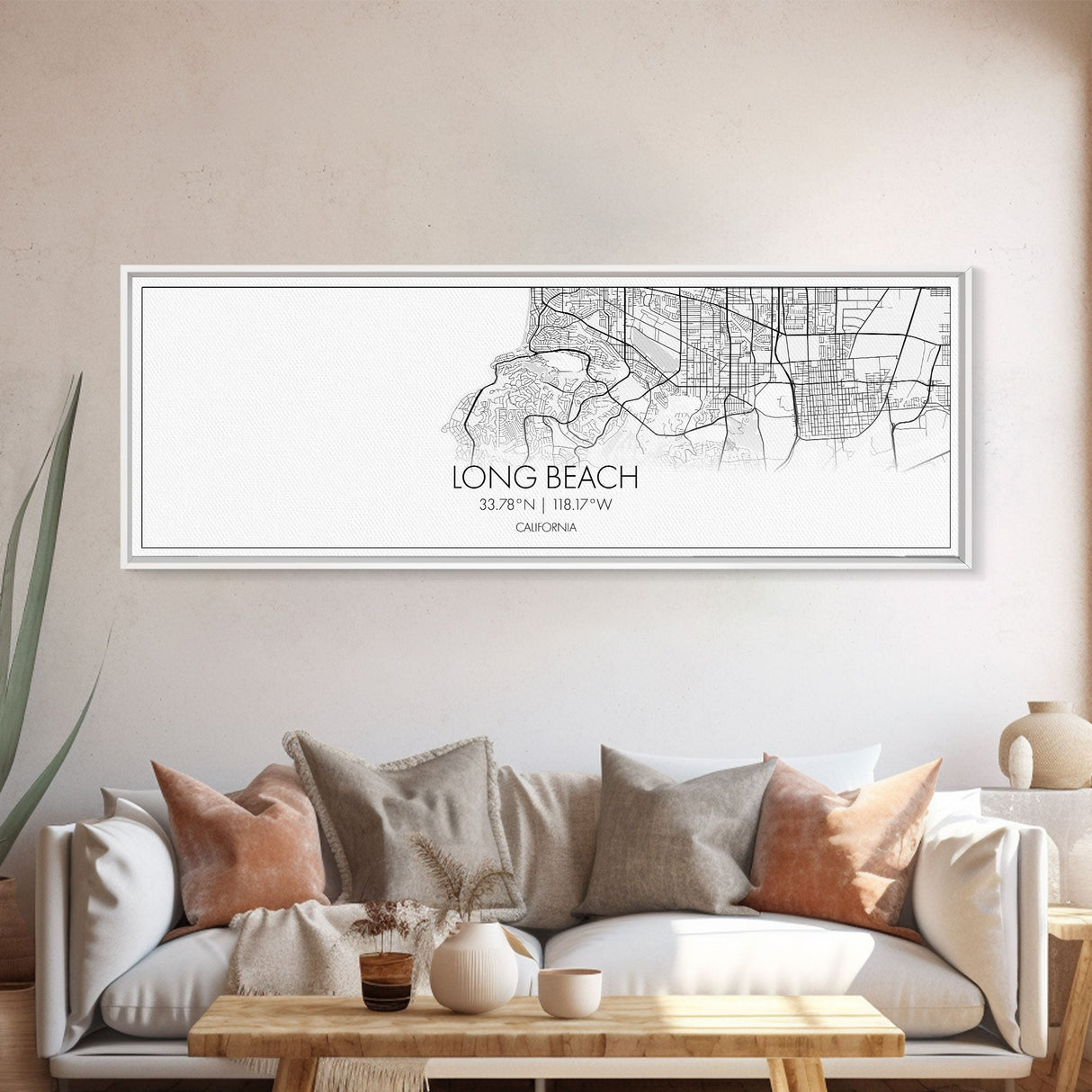 Panoramic Long Beach City Map, California Art, Map Print, Minimalist Wall Art, Canvas Art, Housewarming Gift, Street Map Art, Closing Gift