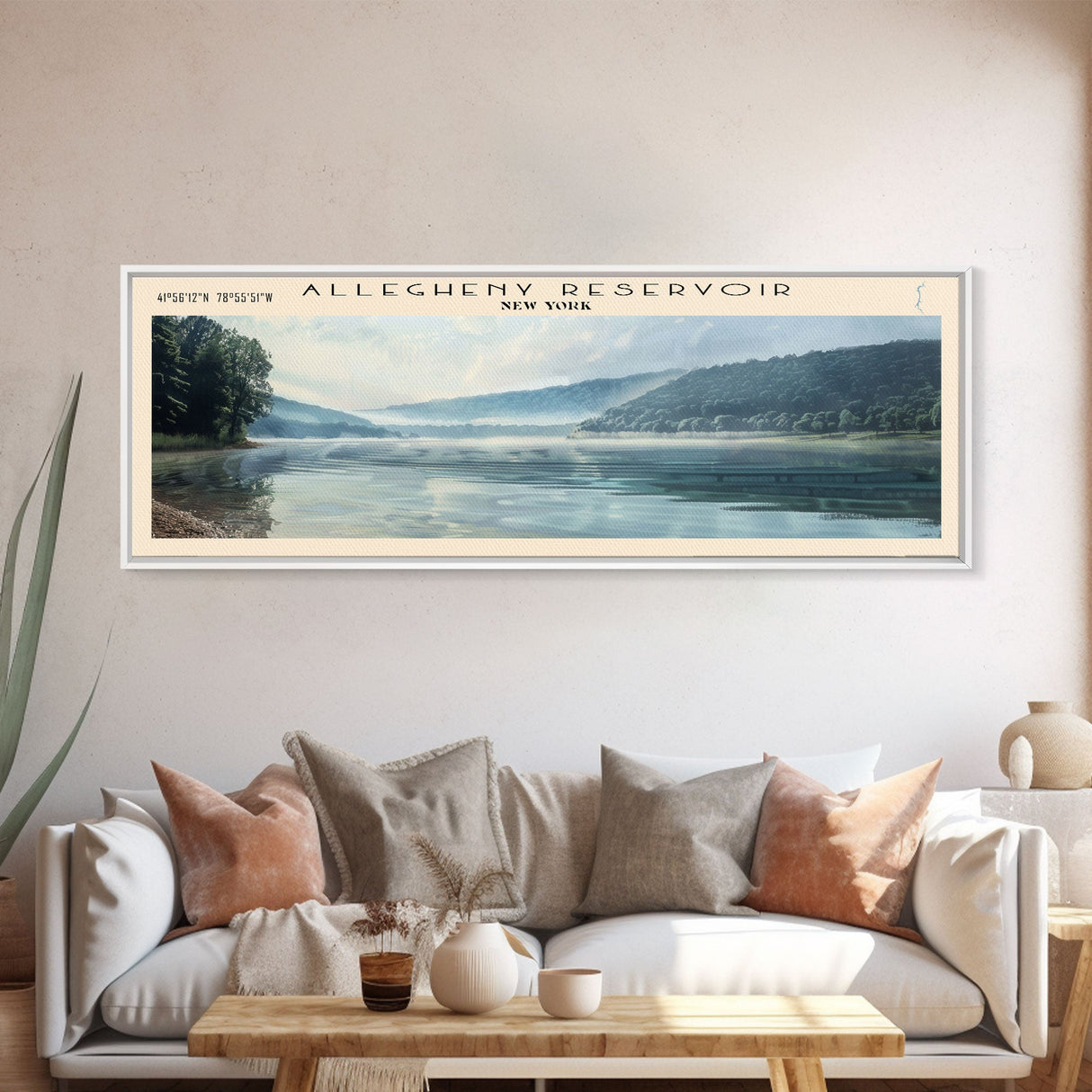 Allegheny Reservoir New York Panoramic Framed Canvas Print, Lake House Decor, Abstract Landscape, Travel Poster, Modern Wall Art, Calm Waters